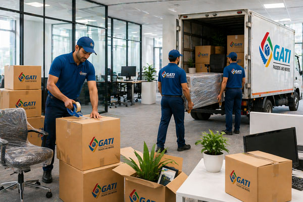 Office furniture and equipment being packed for office relocation in Mumbai